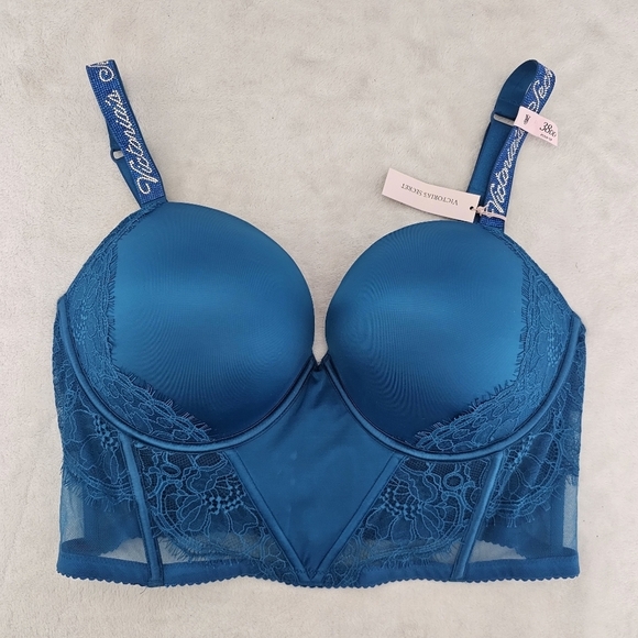 Victoria Secret Teal Lace Corset Bustier Push-Up Bra 38DD Very Sexy Shine Strap - Picture 8 of 14